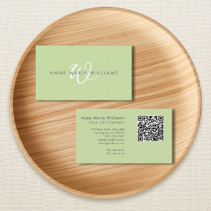 Modern Light Green White Script Monogram QR Code Business Card