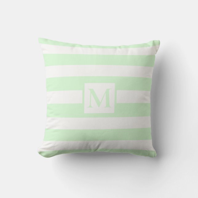 Modern light green white strips monogram cushion (Front)