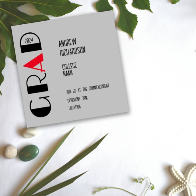 Modern light grey black red letter grad Flat Card (Creator Uploaded)