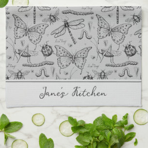 Modern Light Grey Chef's Kitchen Insect Drawing Tea Towel