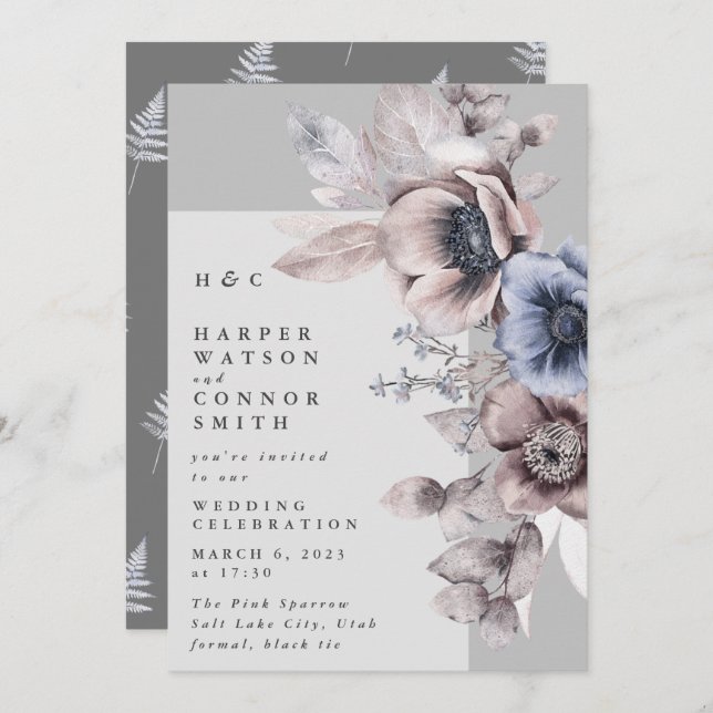 Modern Light Grey Dry Winter Floral Wedding Invitation (Front/Back)