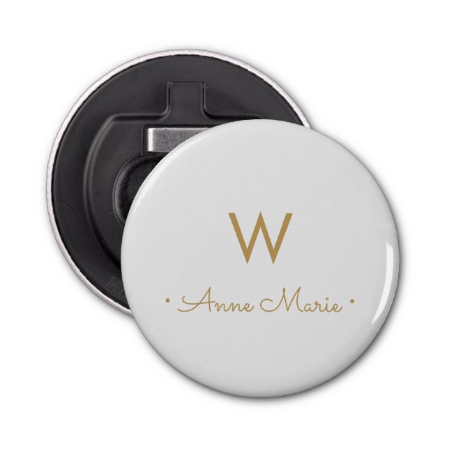 Modern Light Grey Gold Script Monogram Bottle Opener (Front)