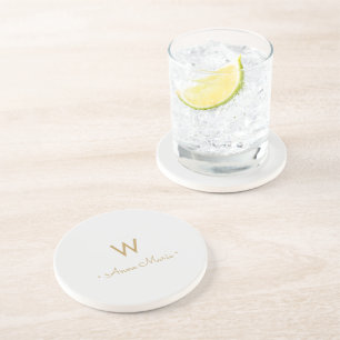 Modern Light Grey Gold Script Monogram Coaster