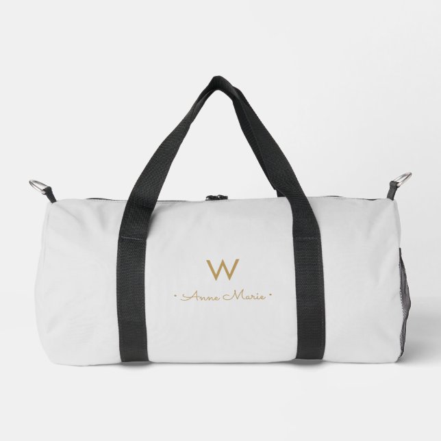 Modern Light Grey Gold Script Monogram Duffle Bag (Front)
