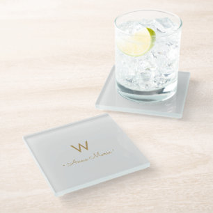 Modern Light Grey Gold Script Monogram Glass Coaster