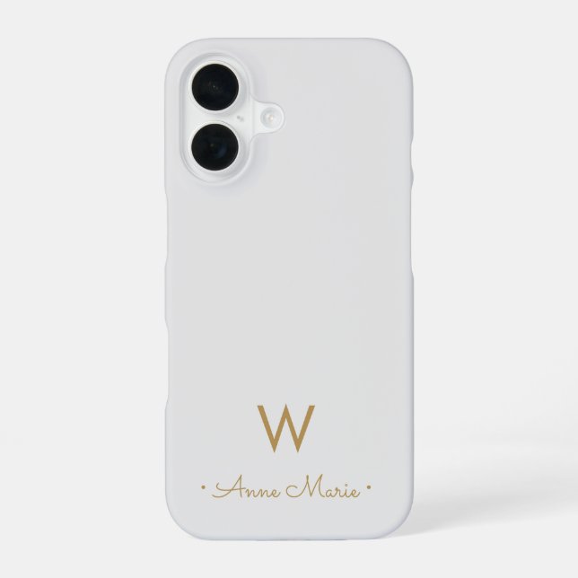 Modern Light Grey Gold Script Monogram iPhone 16 Case (Back)