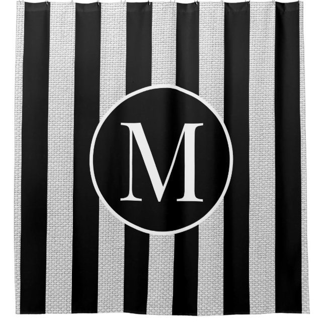 Modern Light Grey Linen Black Stripes Monogram Shower Curtain (Front)