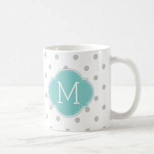 Modern Light Grey Polka-dots with Blue monogram Coffee Mug