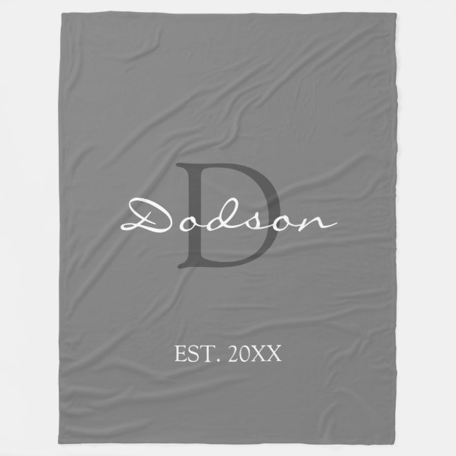Modern Light Grey Script Lettered Monogram Name Fleece Blanket (Front)