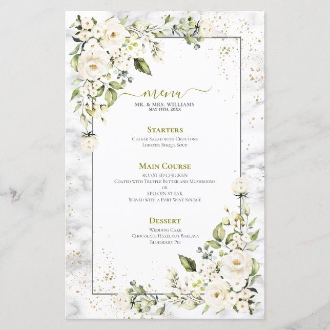 Modern Light Grey White Floral Gold Marble Wedding (Front)