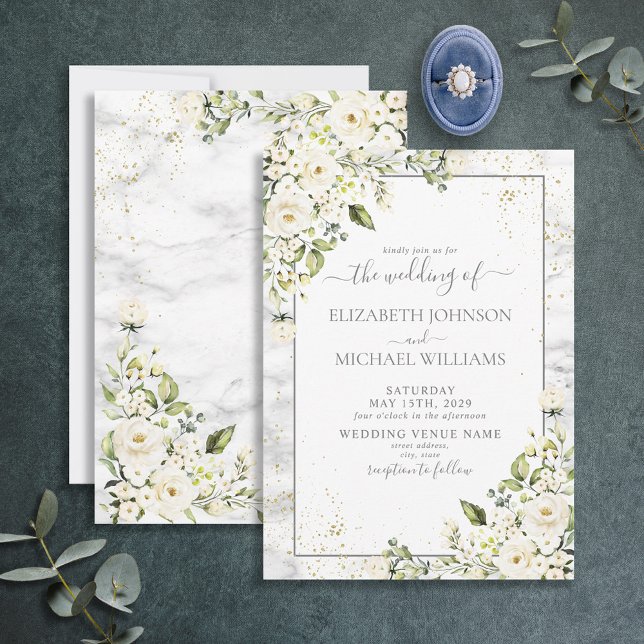 Modern Light Grey White Floral Gold Marble Wedding Invitation (Creator Uploaded)