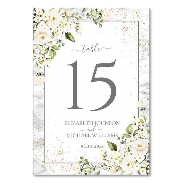 Modern Light Grey White Floral Gold Marble Wedding Table Number (Front)