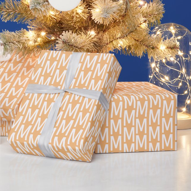 Modern light orange white custom monogram pattern wrapping paper (Holidays)