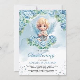 Modern Light pastel blue hydrangea boy angel  Invitation