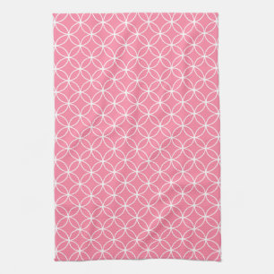 Modern Light Pink and White Circle Diamond Pattern Tea Towel
