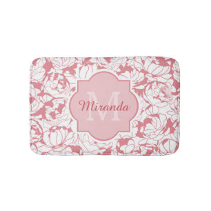 Modern Light Pink Floral Girly Monogram With Name Bath Mat
