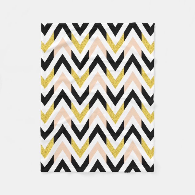 Modern Light Pink, Gold, White, Black Pattern Fleece Blanket (Front)