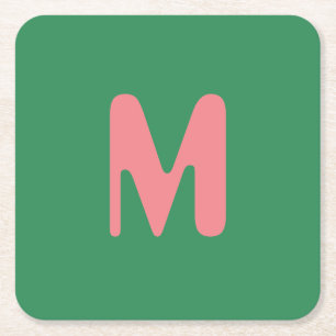 Modern Light Pink Initial Letter Seaweed Green Square Paper Coaster