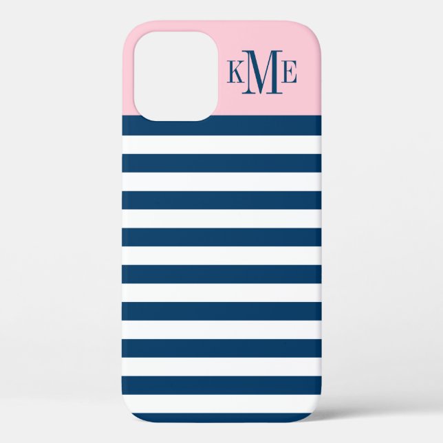Modern Light Pink Navy Stripes Custom Monogram Case-Mate iPhone Case (Back)