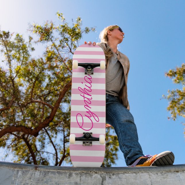 Modern Light Pink Stripe Personalised Skateboard (Outdoor 1)