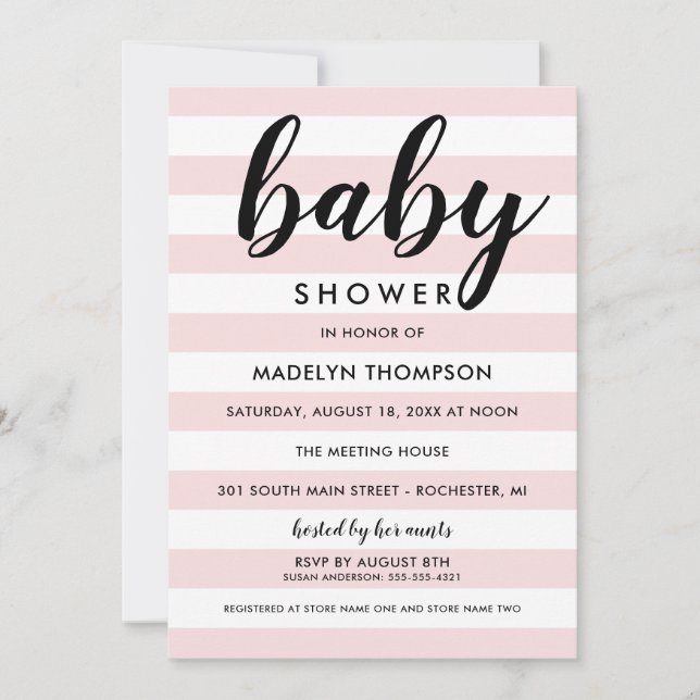 Modern Light Pink Stripes Baby Girl Shower Invitation (Front)