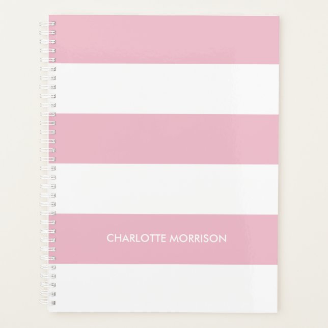 Modern light pink white stripes custom name text planner (Front)