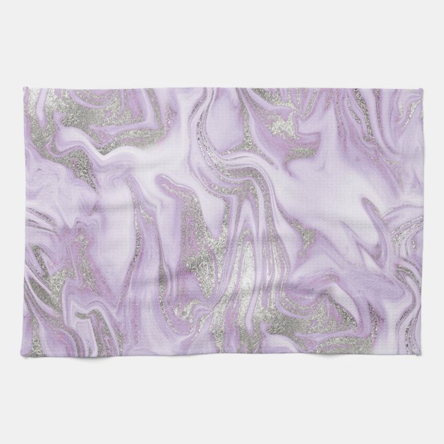 Modern Light Purple and Silver Marble Pattern Tea Towel (Horizontal)