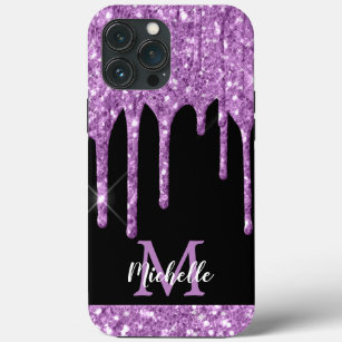 Modern Light Purple Glitter Drips Monogram iPhone 13 Pro Max Case