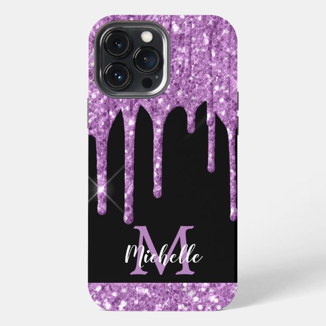 Modern Light Purple Glitter Drips Monogram iPhone Case (Back)