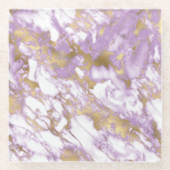 Modern Light Purple, White and Gold Marble Glass Coaster (Front)