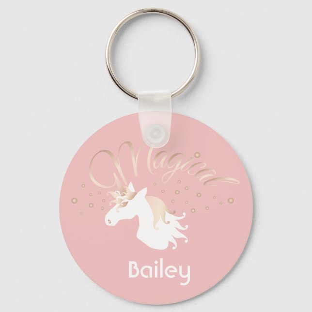 Modern Light Rose Pink White Magical Unicorn Key Ring (Front)