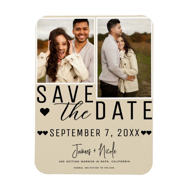 Modern Light Tan Save the Date 2 Photo Wedding  Magnet (Vertical)