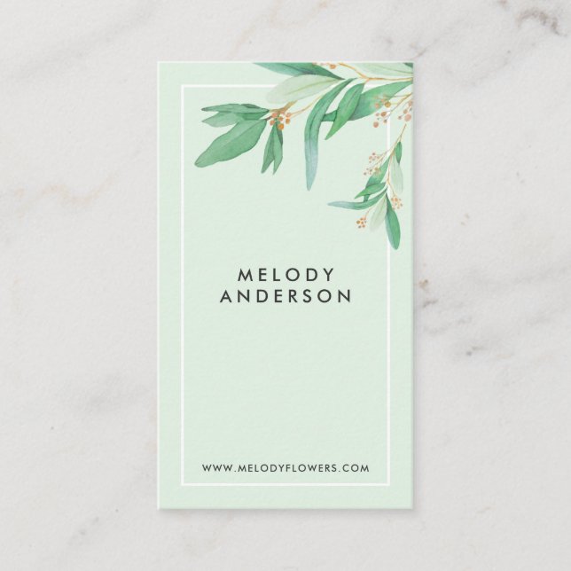 Modern light teal elegant green botanical minimal business card (Front)