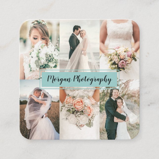 Modern light teal photographer photo collage plain square business card (Front)