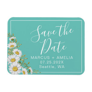 Modern Light Teal & White Daisies Save The Date Magnet