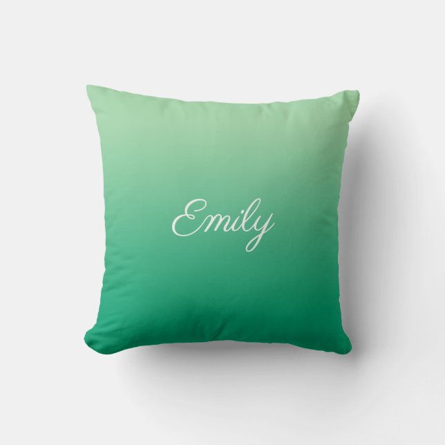 Modern Light to Dark Green Gradient Script Name Cushion (Front)