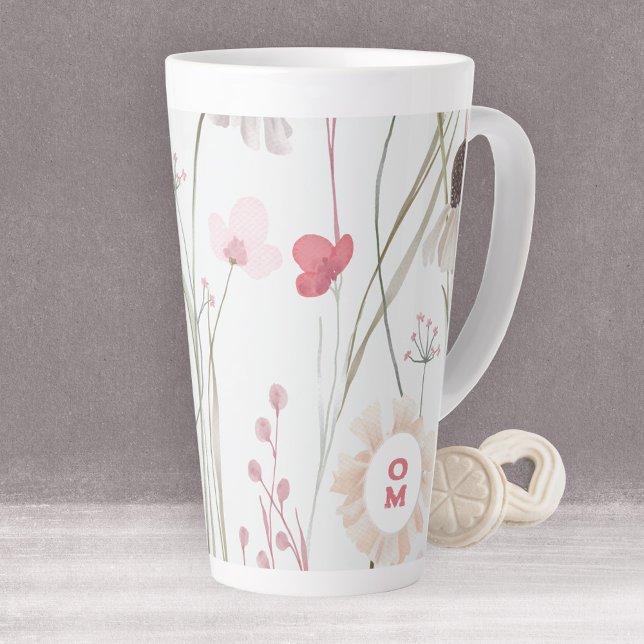 Modern Light Wildflower Monogram Pink Green Latte Mug (Romantic Mauve Sage Latte Latte Mug ©Susanne Sachers - Sunny Mind Design 🌞)