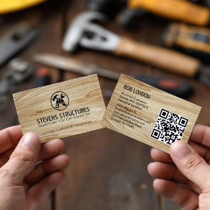 Modern light Wood Construction QR Code Contractor Business Card