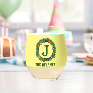 Modern light yellow green monogram stemless wine glass