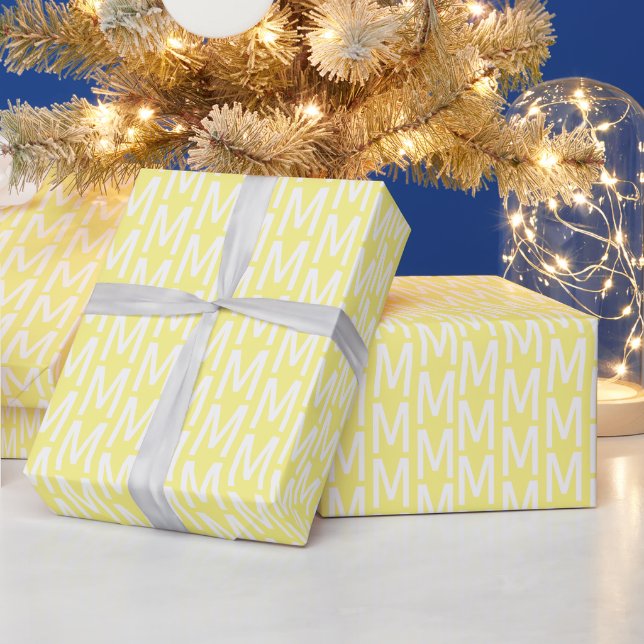 Modern light yellow white custom monogram pattern wrapping paper (Holidays)