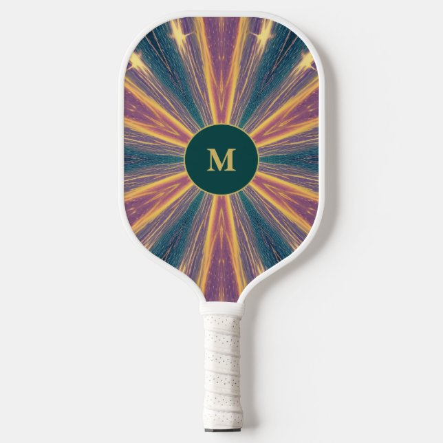 Modern Lightning Blue Yellow Purple Monogram Pickleball Paddle (Front)