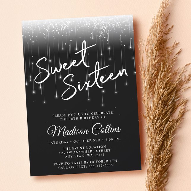 Modern Lights Black and White Sweet 16 Invitation (Creator Uploaded)