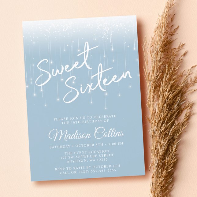 Modern Lights Dusty Blue White Sweet 16 Invitation (Creator Uploaded)