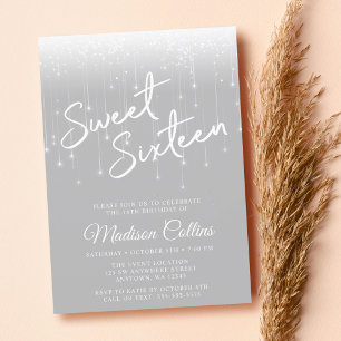 Modern Lights Grey and White Sweet 16 Invitation