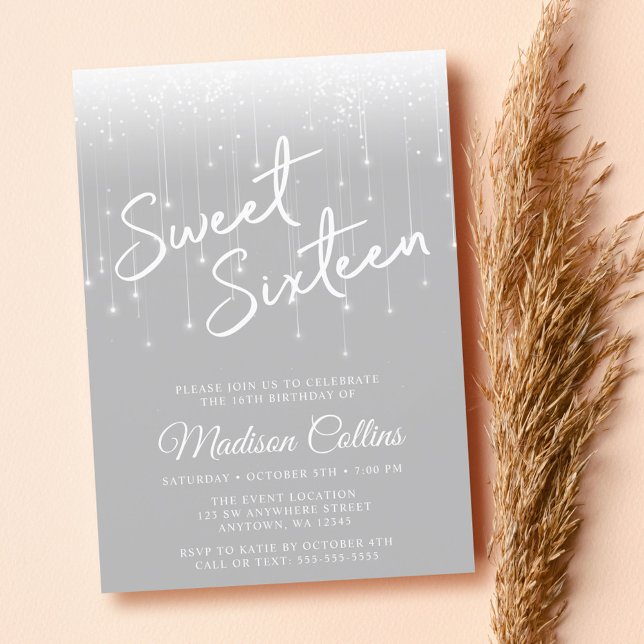 Modern Lights Grey and White Sweet 16 Invitation (Creator Uploaded)