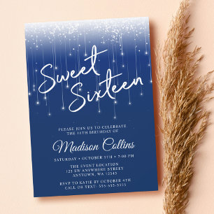 Modern Lights Navy Blue Sweet 16 Invitation