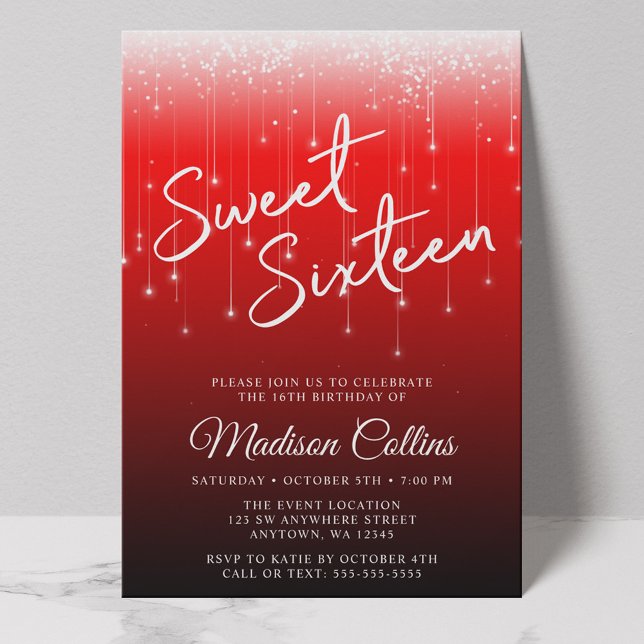 Modern Lights Red Black Sweet 16 Invitation (Creator Uploaded)