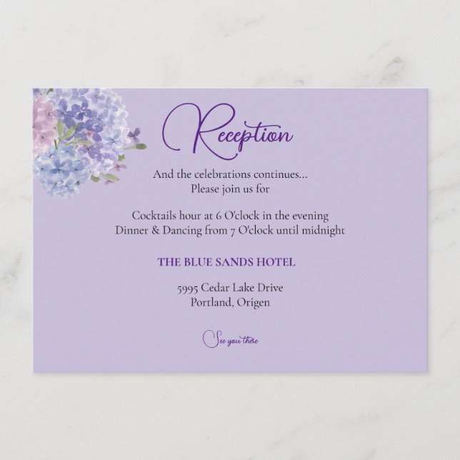 Modern Lilac Blue Hydrangea Floral Reception  Enclosure Card (Front)