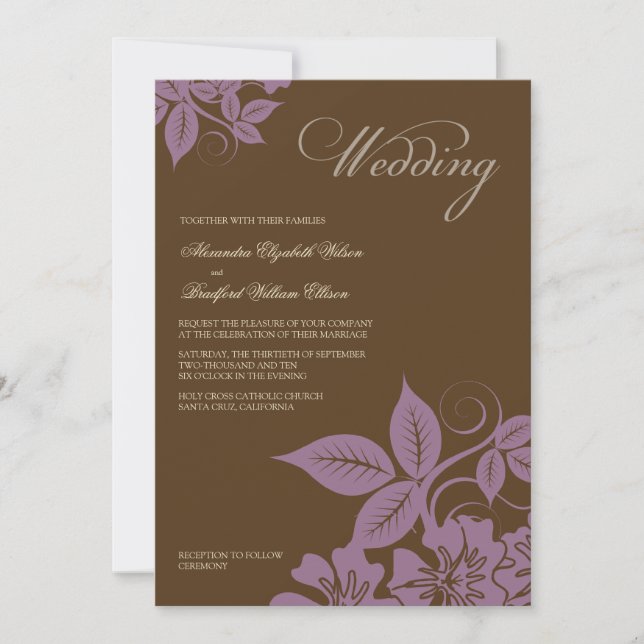 Modern Lilac/Brown Floral Wedding Invitation (Front)