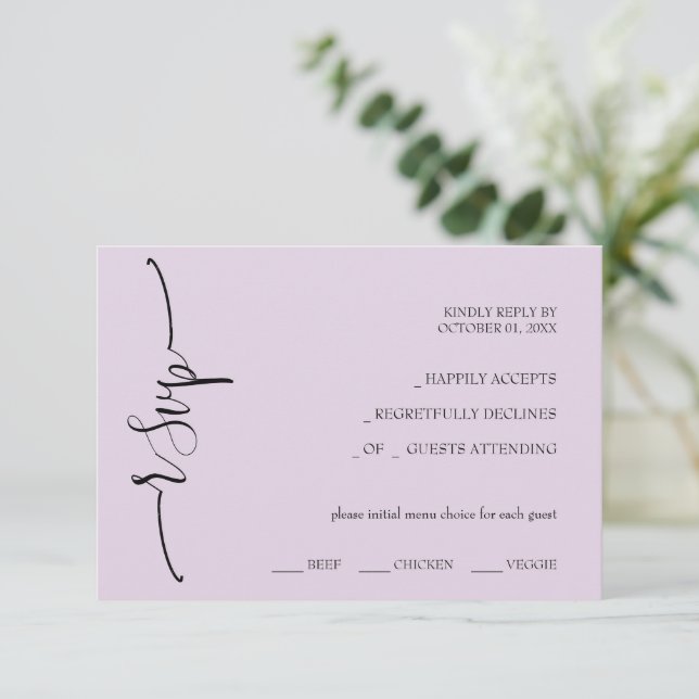Modern Lilac Calligraphy RSVP Card (Standing Front)